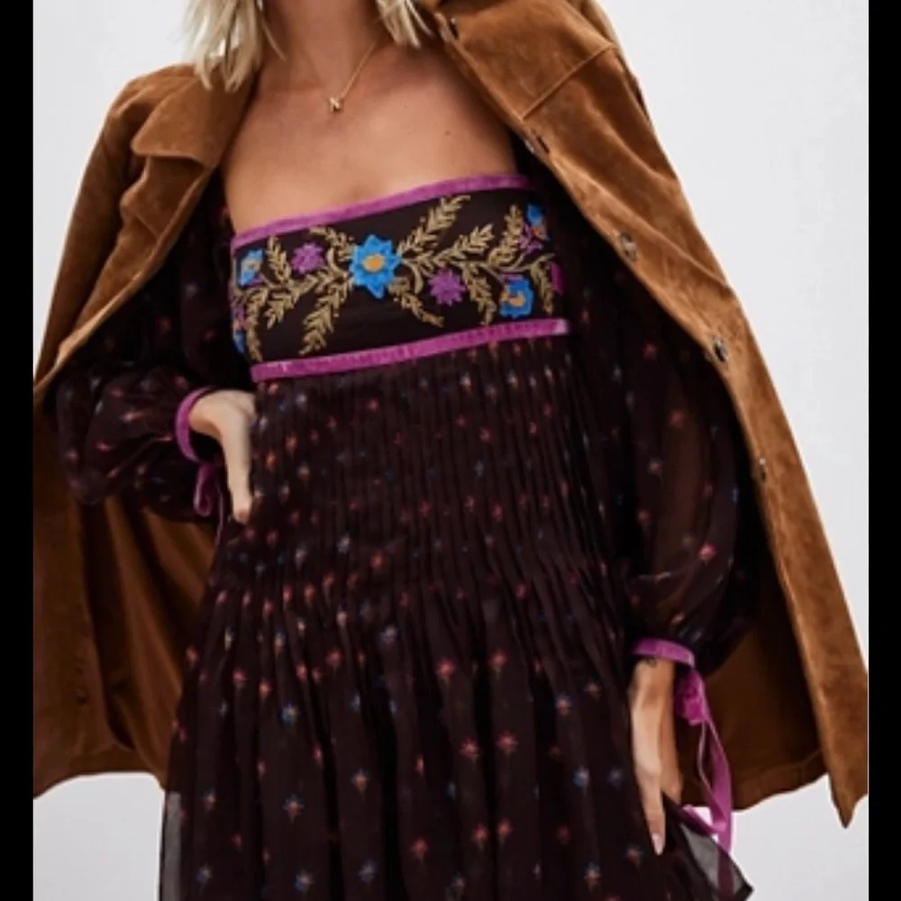 NWT Free People boho fall‎ Mini Dress Floral Embellished Embroidered